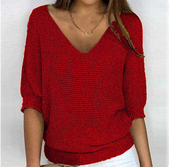 Damen nan lässiger Strickpullover mit V-Ausschnitt und Fledermausärmeln Shop Nory