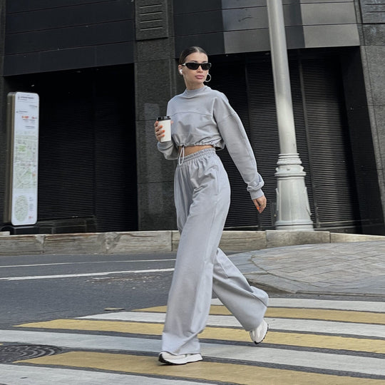 Damen Cropped Loungewear-Set mit gerafftem Tunnelzug und weiter High-Waist-Hose Shop Nory