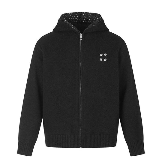 Damen Zip-Kapuzen-Strickjacke mit gepunkteter Kapuzenfütterung und Sternchen-Stickerei Shop Nory
