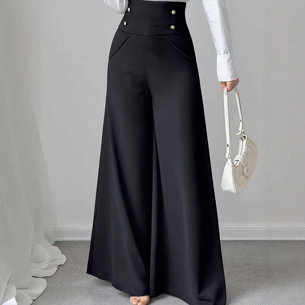 Damen Weite High-Waist Hose mit dekorativen Knöpfen