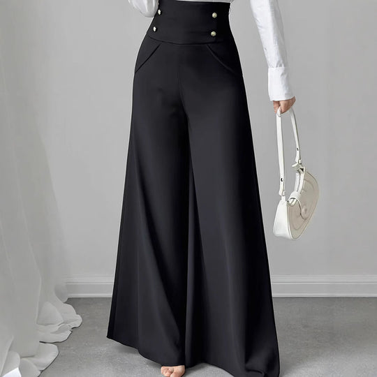 Damen Weite High-Waist Hose mit dekorativen Knöpfen