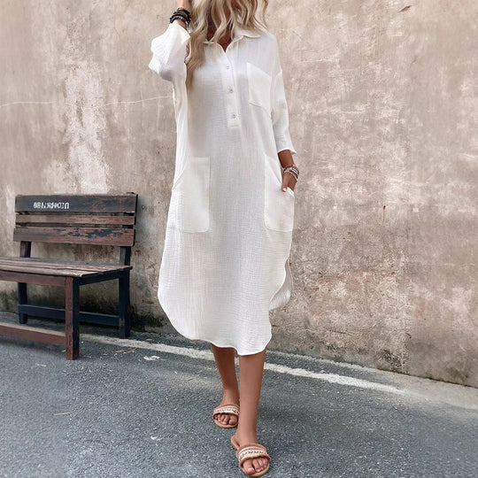 Damen Midi-Hemdblusenkleid aus Baumwoll-Musselin mit 3/4-Ärmeln & aufgesetzten Taschen Shop Nory