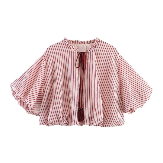 Damen Gestreifte Oversize-Bluse mit Quastenband und Volumenärmeln Shop Nory