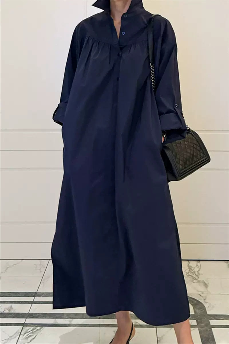 Damen Maxikleid im Oversize-Hemdstil mit Stehkragen, Schulterpasse und Eingrifftaschen Shop Nory
