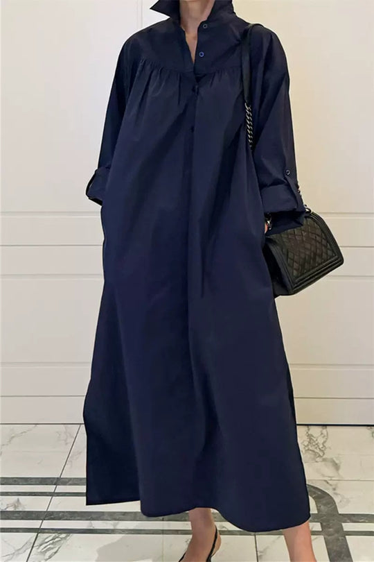 Damen Maxikleid im Oversize-Hemdstil mit Stehkragen, Schulterpasse und Eingrifftaschen Shop Nory