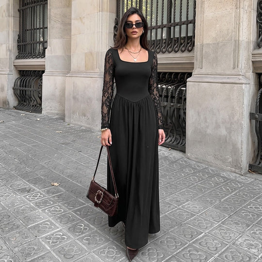Damen Figurschmeichelndes Midikleid mit Spitzenärmeln und eckigem Ausschnitt Shop Nory