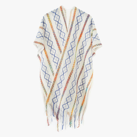 Damen Gewebter Fransenponcho mit V‑Ausschnitt und buntem Reliefjacquard Shop Nory