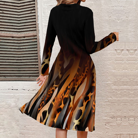 Damen A-Linien-Midikleid mit Animal-Print, asymmetrischem V-Ausschnitt und Zierknopfleiste Shop Nory