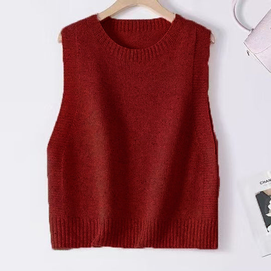 Damen Gestrickte Oversize-Ärmellose Weste mit Rundhalsausschnitt und Rippbündchen Shop Nory