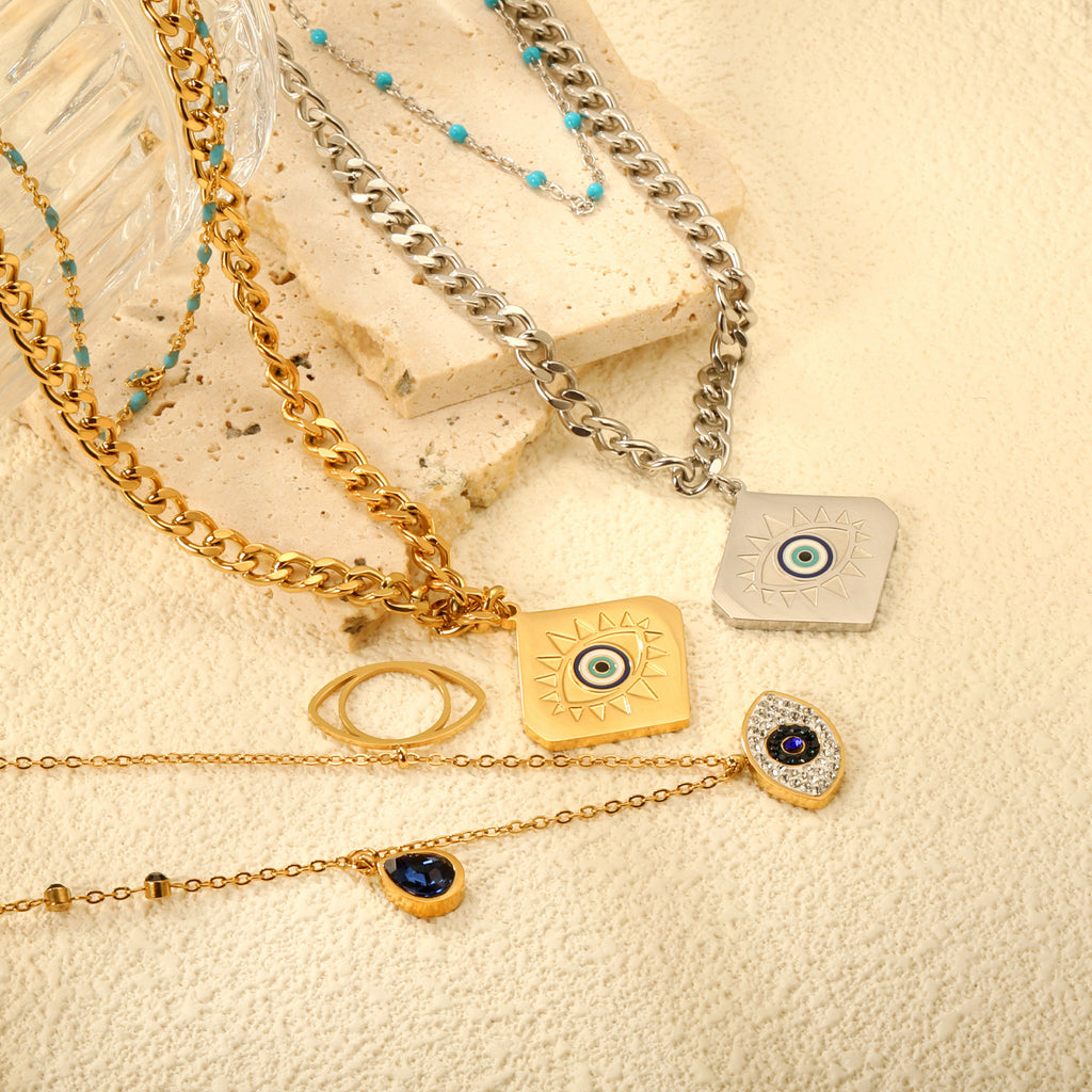 Damen Halskette mit mehrlagigem Design und auffälligem Augenanhänger Shop Nory