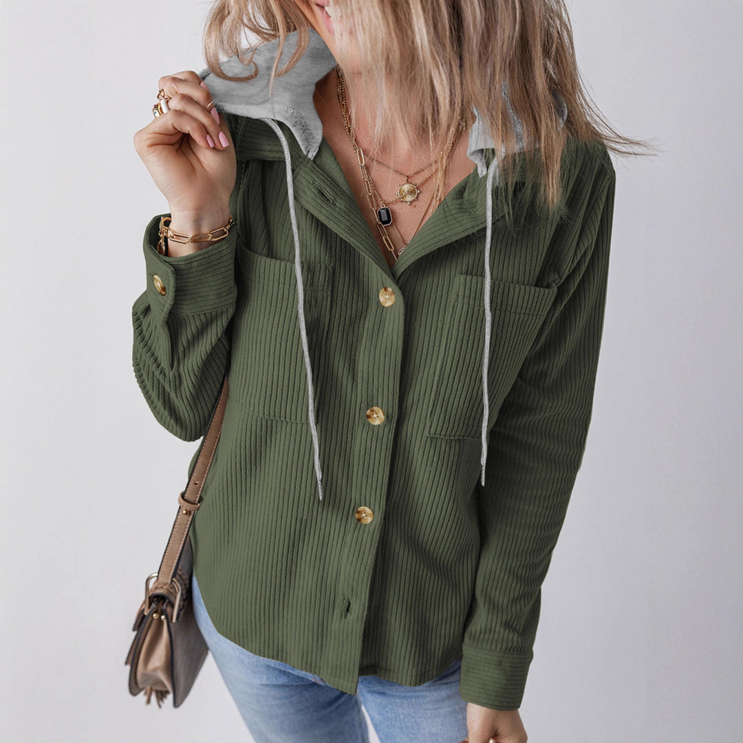 Damen Gerippte Hemdjacke mit Kapuze, Knopfleiste und aufgesetzten Taschen Shop Nory