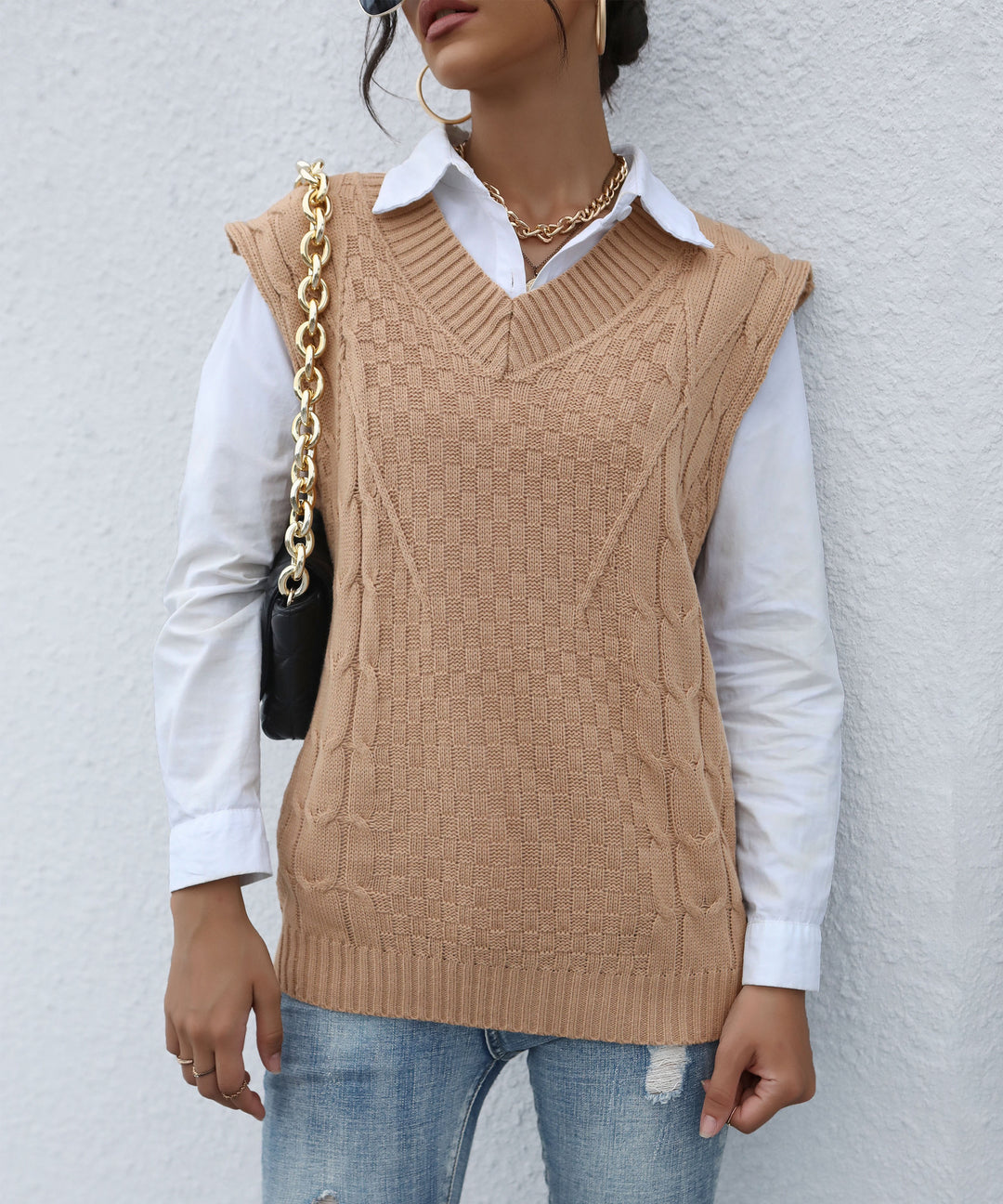 Damen Strick-Weste mit V‑Ausschnitt, Zopfmuster und lässiger Oversize-Silhouette Shop Nory