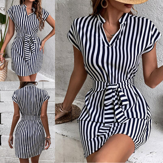 Damen Kurzarm Hemdkleid mit schmalem Taillengürtel