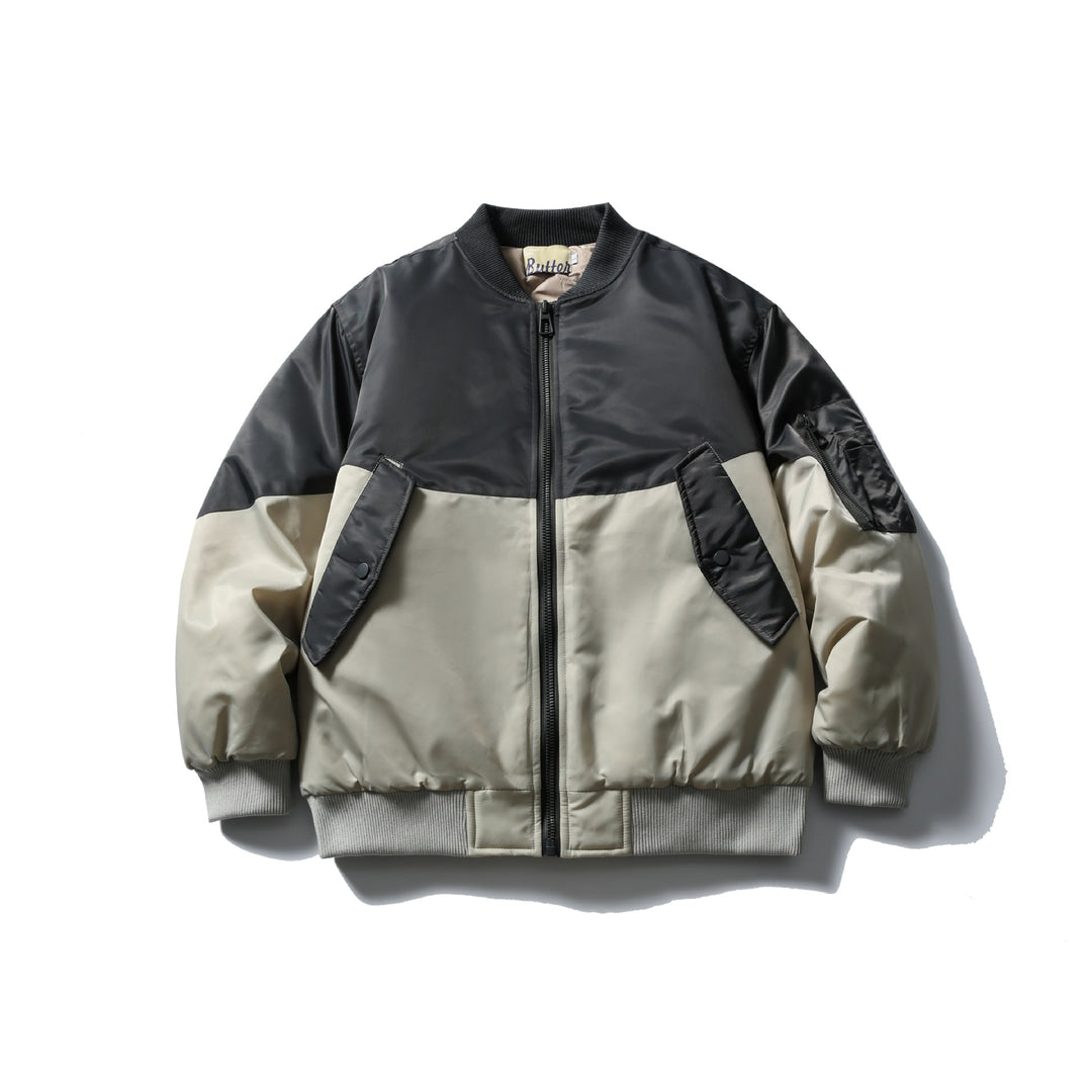 Unisex Kurz geschnittene zweifarbige Nylon‑Bomberjacke mit Utility‑Klappentaschen und Ärmel‑Zipper Shop Nory