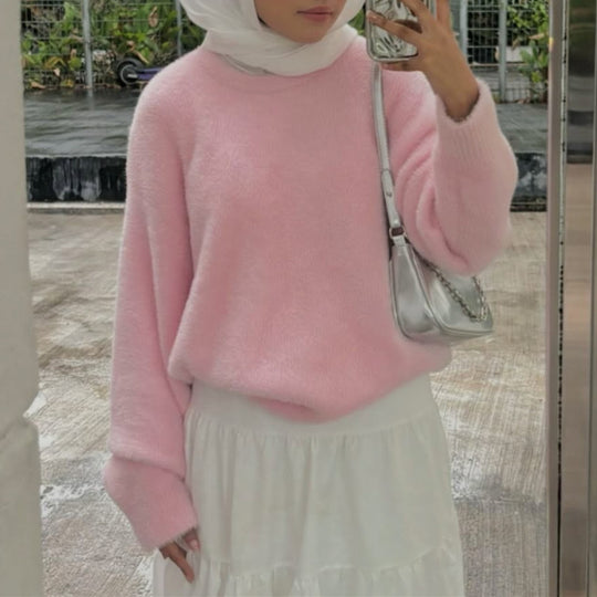 Damen Kurzgeschnitteter Flauschpullover mit Ballonärmeln und Rundhalsausschnitt Shop Nory