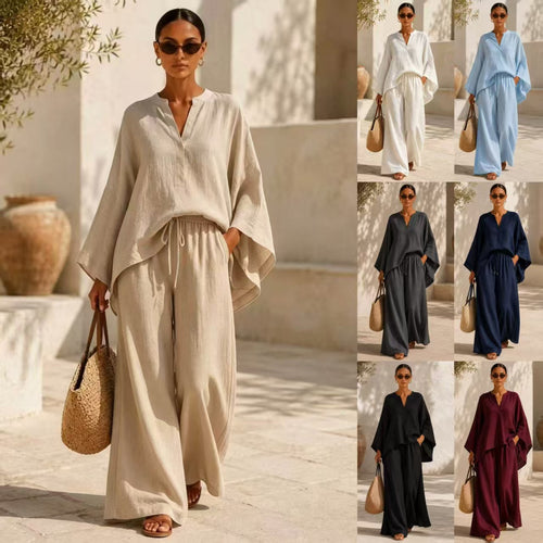 Damen Leichte Leinenmischung Übergroße Kaftan-Oberteil und Kordelzug Weitbein-Hosen Set Shop Nory