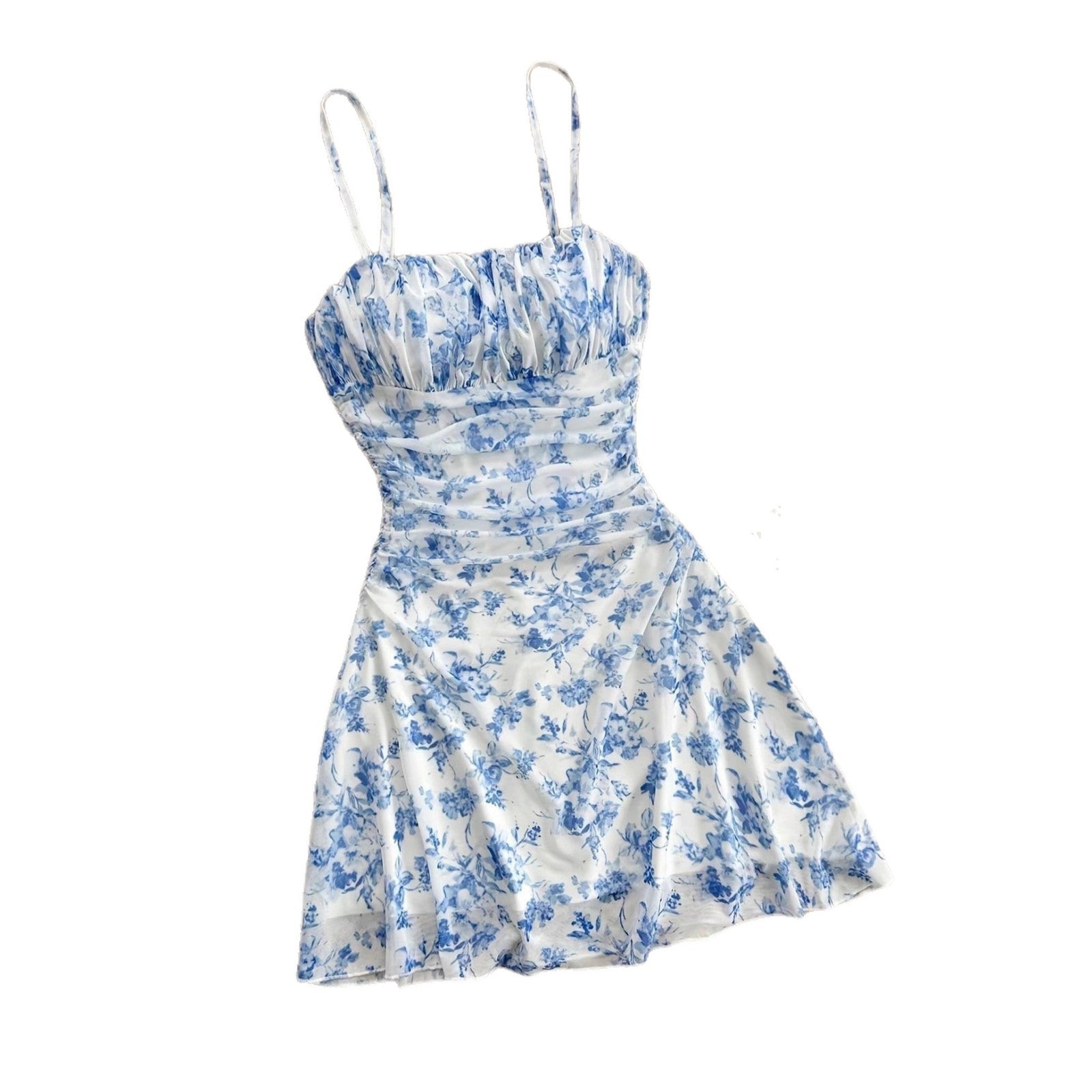 Damen Sommerliches Blumenkleid mit Spaghetti-Trägern und Raffungen