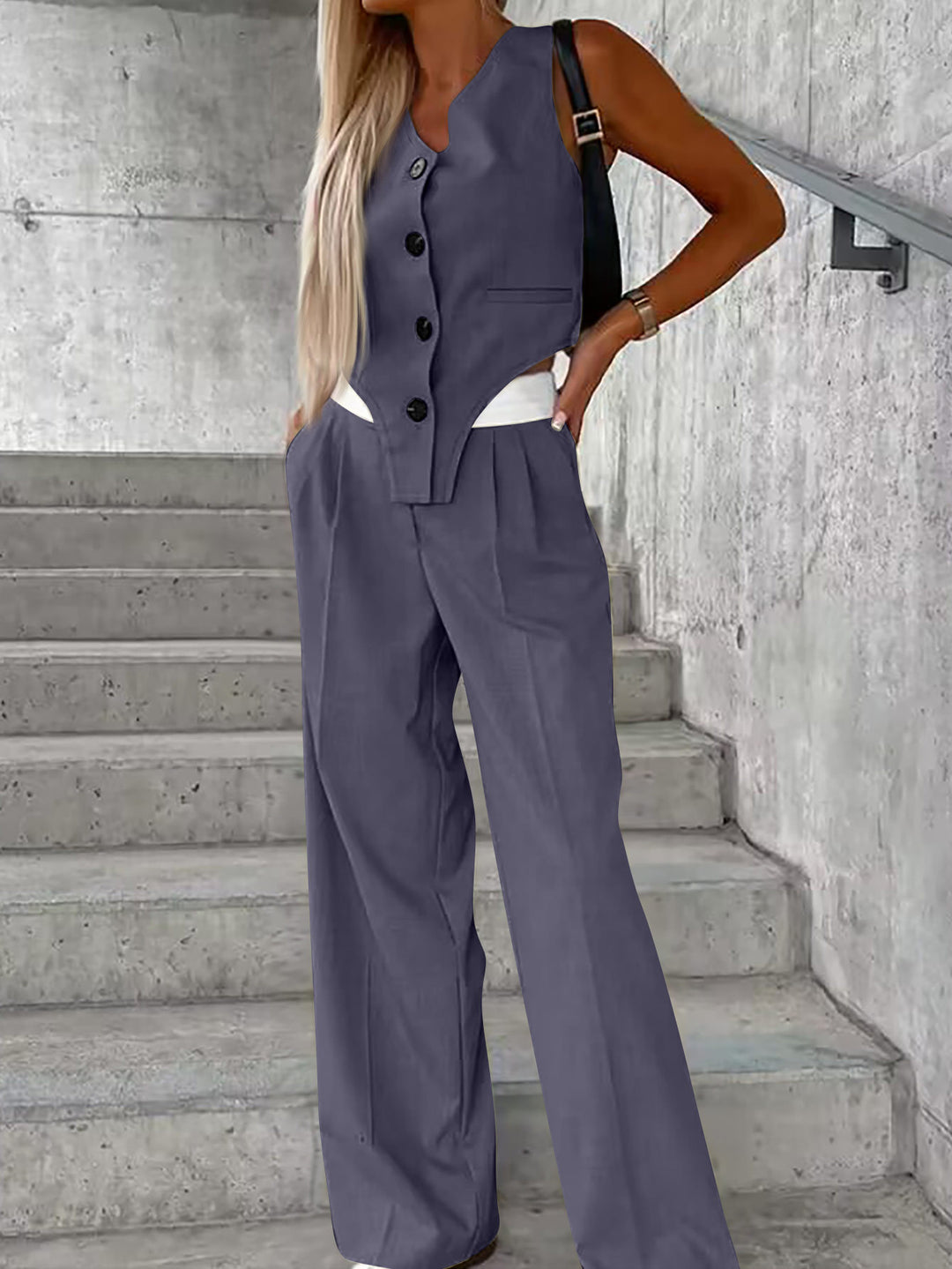 Damen Asymmetrisches Gilet- und Palazzohosen-Set mit Bundfalten und Eingrifftaschen Shop Nory