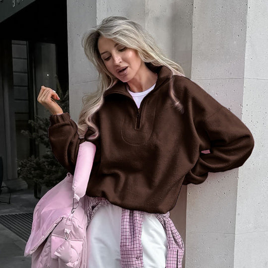 Damen Oversized Fleecepullover mit halbem Reißverschluss und Stehkragen Shop Nory