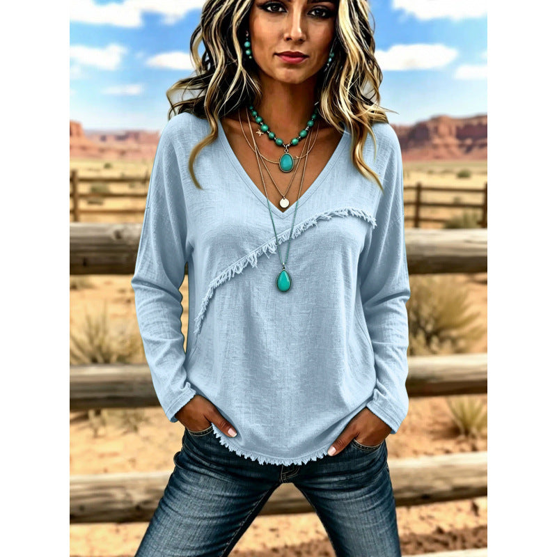 Damen Lässiges V-Ausschnitt Langarmshirt mit diagonaler Fransenblende und Strukturstoff Shop Nory