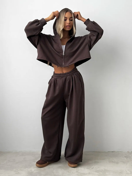 Damen weit geschnittenes Cropped-Zip-Hoodie und Palazzo-Jogger Set Shop Nory