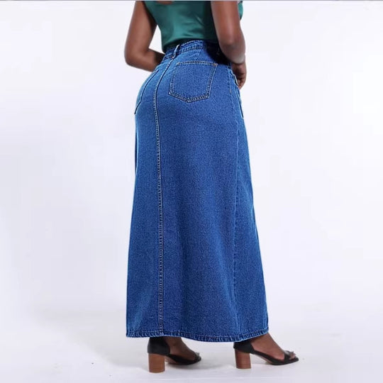 Damen Lang geschnittener High-Waist Denim-Maxirock mit durchgehender Knopfleiste und aufgesetzten Taschen Shop Nory