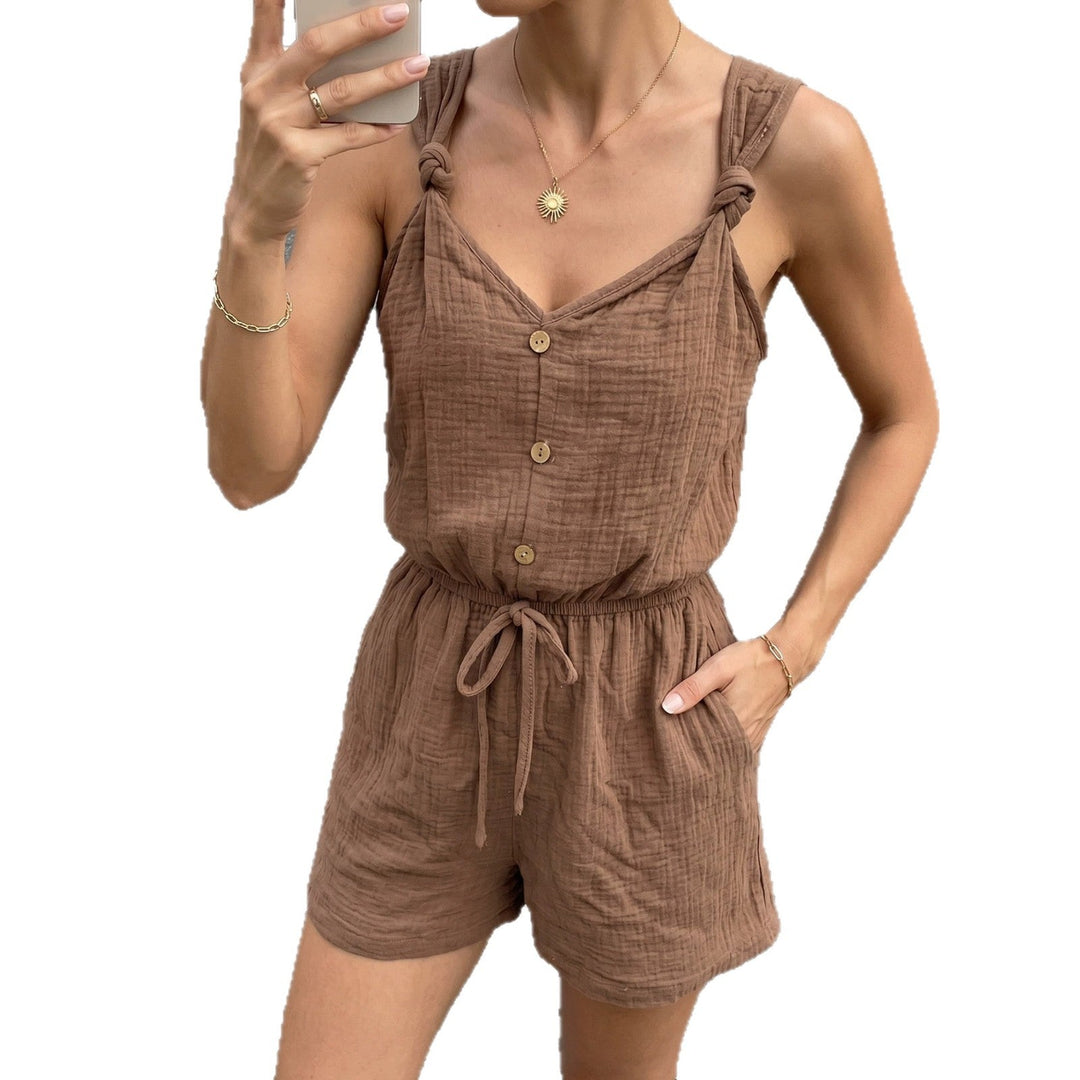 Damen lässiger Jumpsuit mit knöpfbarem V-Ausschnitt und elastischem Bund