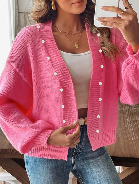 Damen grobstrick Cardigan mit Perlenknöpfen und Balloonärmeln Shop Nory