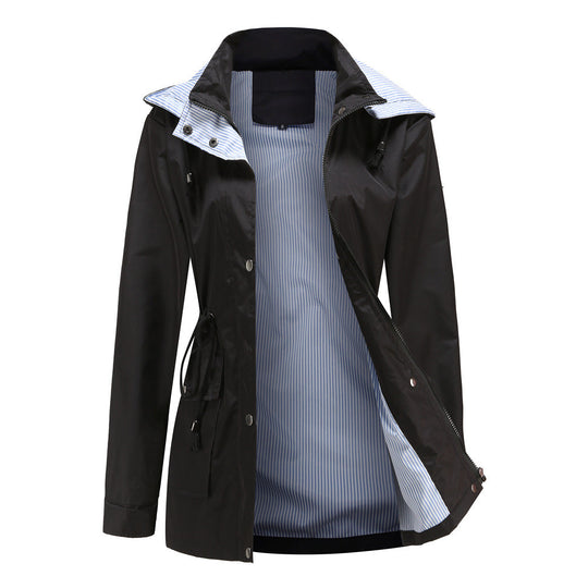 Damen Wetterfeste Regenjacke mit verstellbarem Kapuzenkragen und Taillenzug
