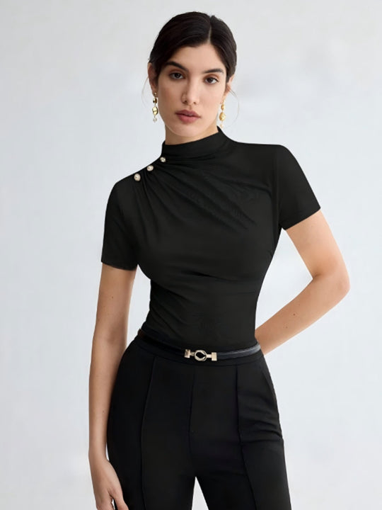 Damen elegantes Oberteil mit dekorativen Knopfdetails und modernem Stehkragen