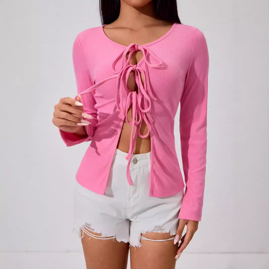 Damen geripptes Longsleeve-Top mit mehrfachem Front-Schnürdetail, Cut-Outs und taillierter Passform Shop Nory