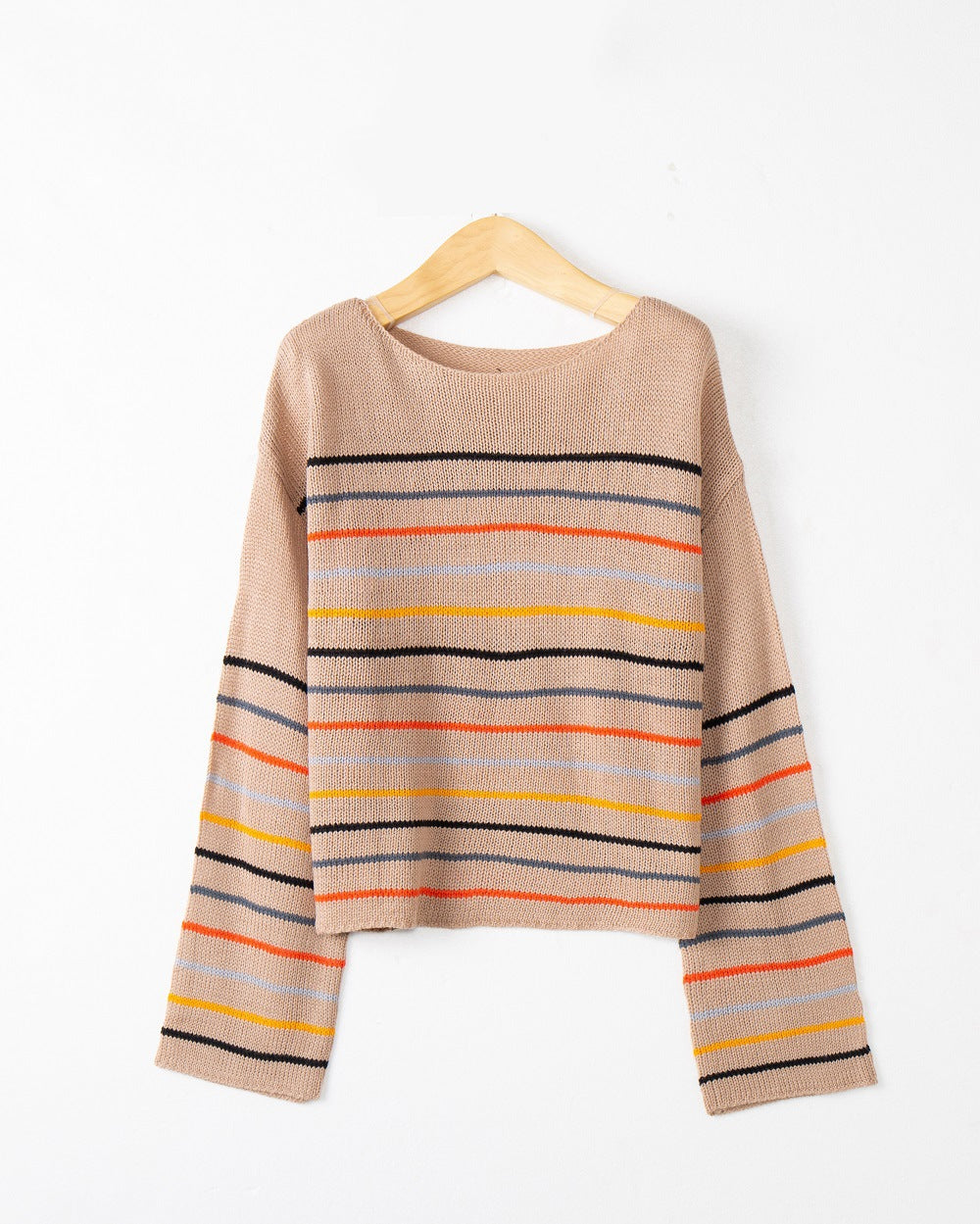 Damen Kurzgeschnittener Feinstrick-Pullover mit Rundhalsausschnitt, mehrfarbigen Horizontalstreifen und überschnittenen Schultern Shop Nory