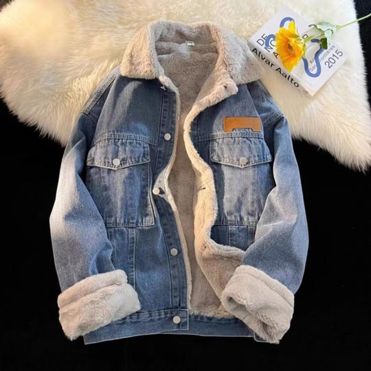 Damen oversized Jeansjacke mit Innenfutter aus Teddyfell