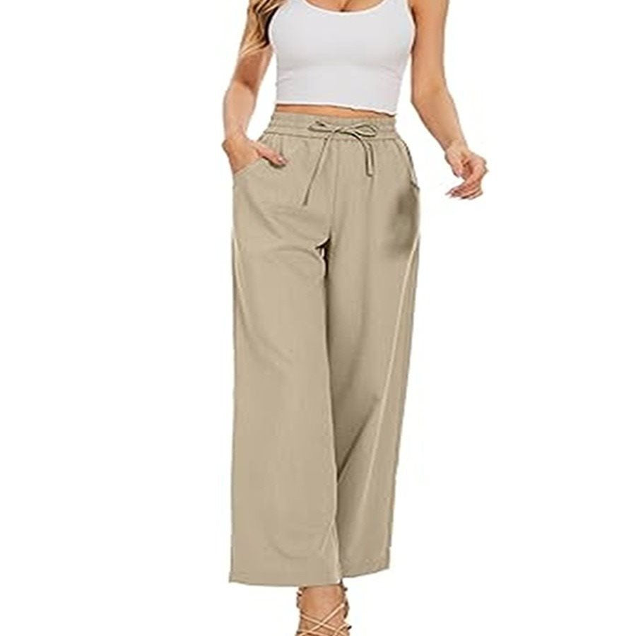Damen Weite Leinenhose mit hohem elastischem Bund, Kordelzug und Eingrifftaschen Shop Nory