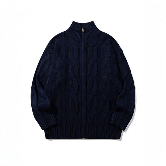 Unisex Grobgestrickter Reißverschluss-Cardigan mit Zopfmuster und hohem Rippkragen Shop Nory