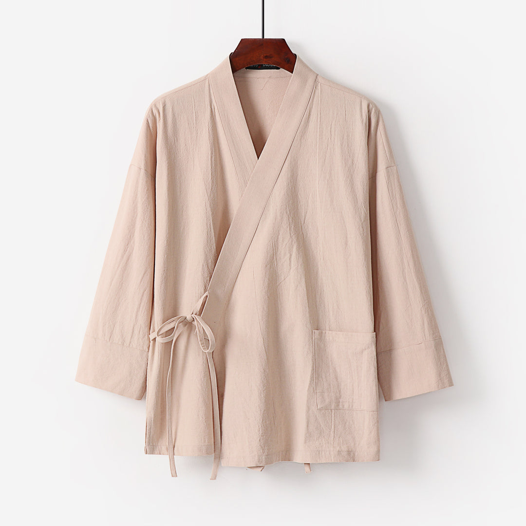 Damen Kimono-Cardigan aus Baumwoll-Leinen mit dreiviertelärmeln Bindegürtel und aufgesetzten Taschen Shop Nory