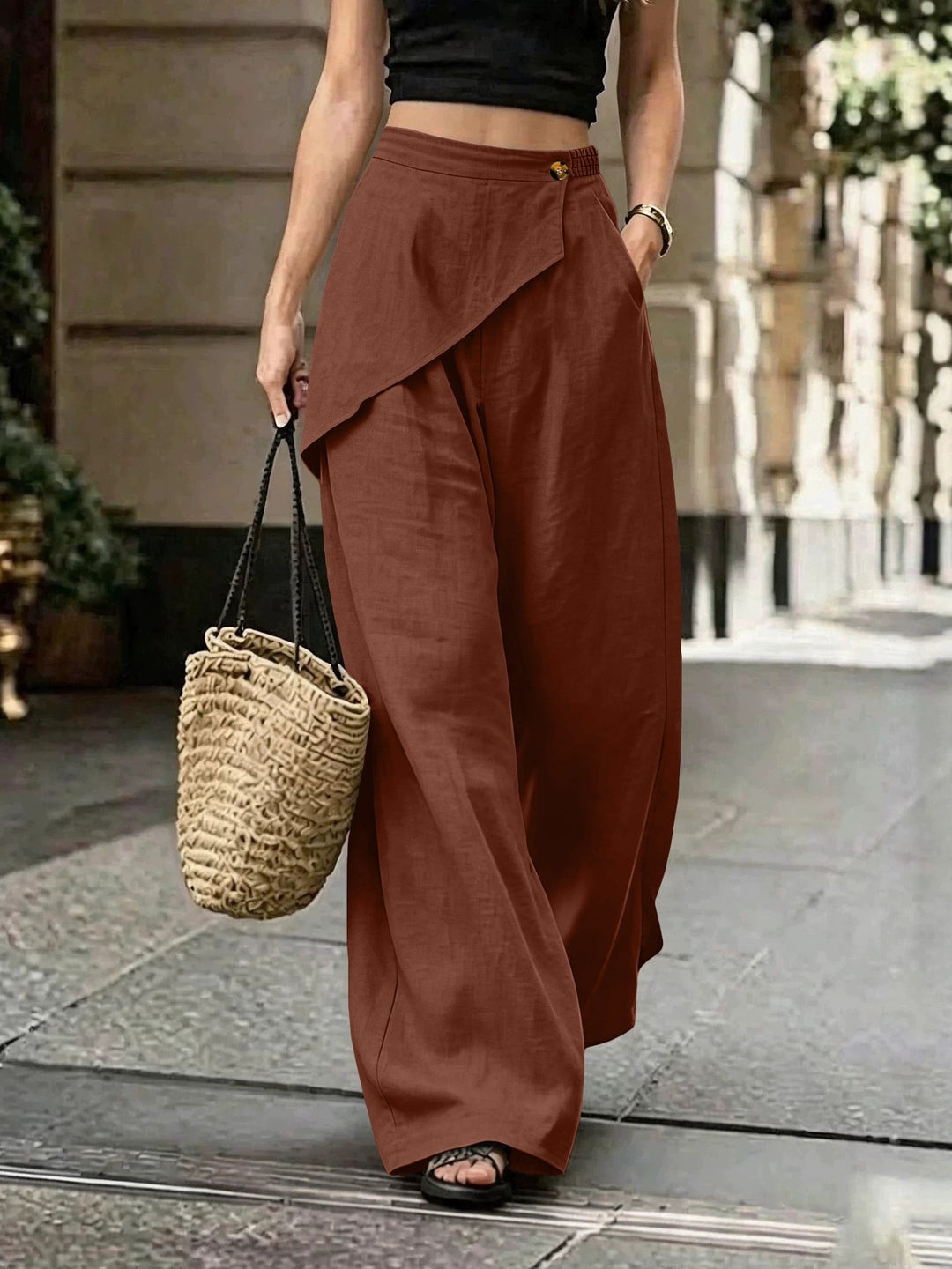 Damen Leichte Leinenhose mit Wickel-Front und weitem Bein Shop Nory