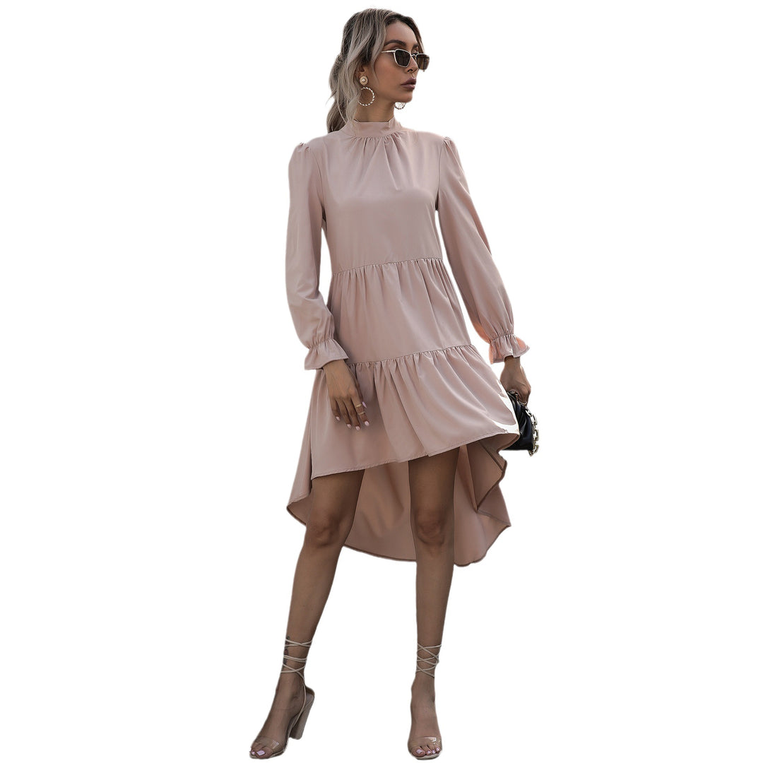 Damen Asymmetrisches Stufen-Midikleid mit Stehkragen, langen Ärmeln und Volant-Saum Shop Nory