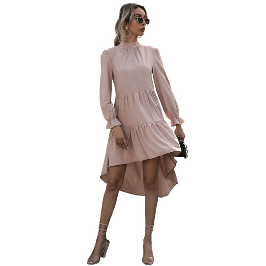 Damen Asymmetrisches Stufen-Midikleid mit Stehkragen, langen Ärmeln und Volant-Saum Shop Nory