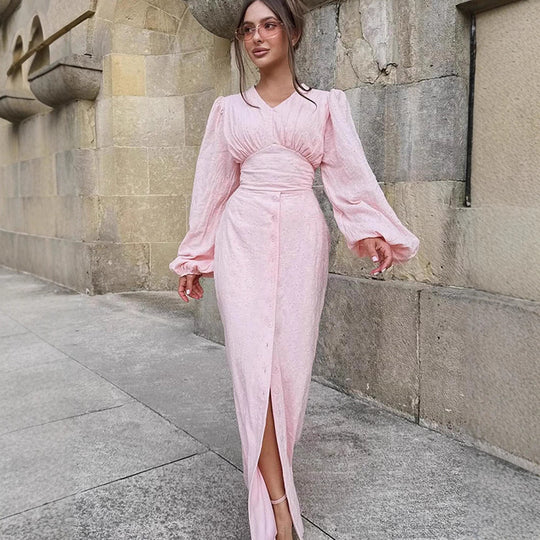 Damen Maxikleid mit Puffärmeln, tailliertem Mieder und Frontknopfleiste Shop Nory