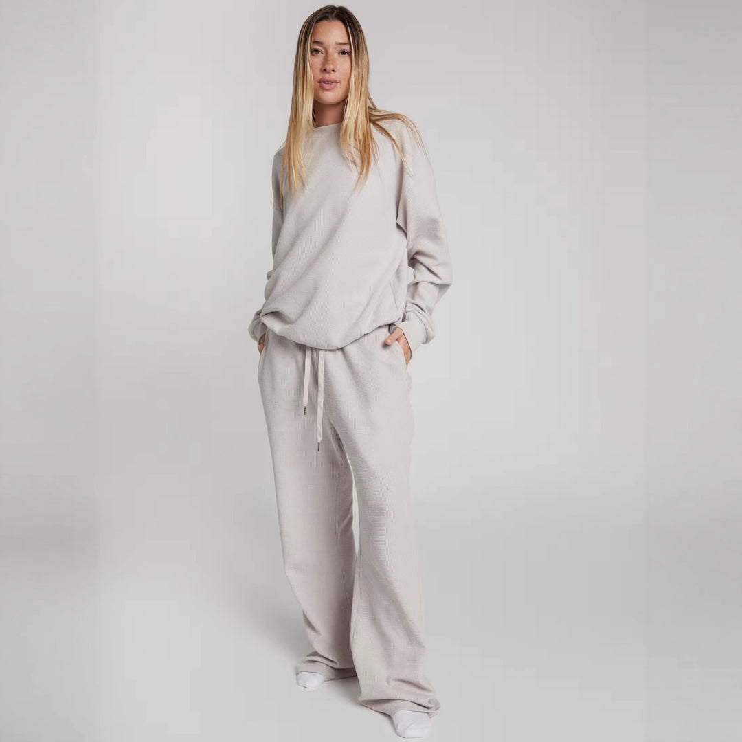 Damen geräumiges Waffelstrick-Loungewear-Set mit Rundhalsausschnitt und Tunnelzughose Shop Nory