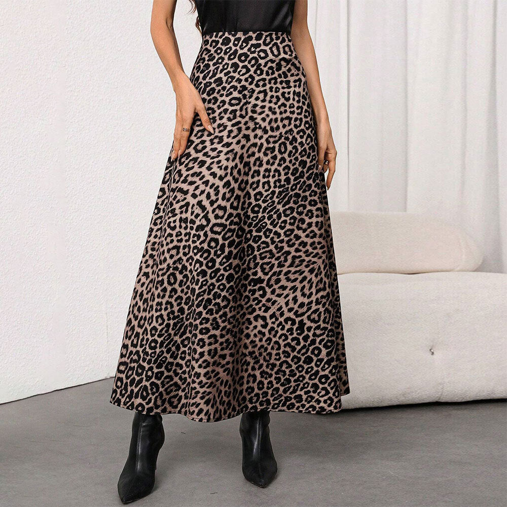 Damen Maxirock mit hohem Bund, ausgestellter A-Linie und markantem Leopardenprint Shop Nory