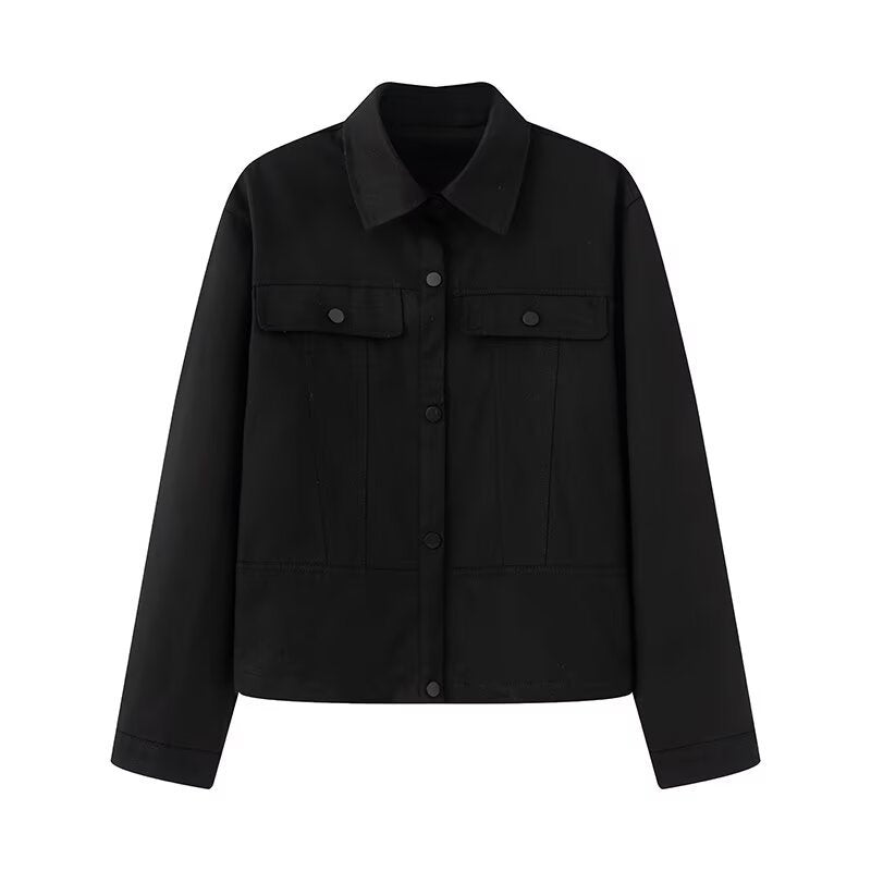 Damen Kurz geschnittene Boxy-Overshirtjacke aus veganer Lederoptik mit Pattentaschen und Druckknopfverschluss Shop Nory