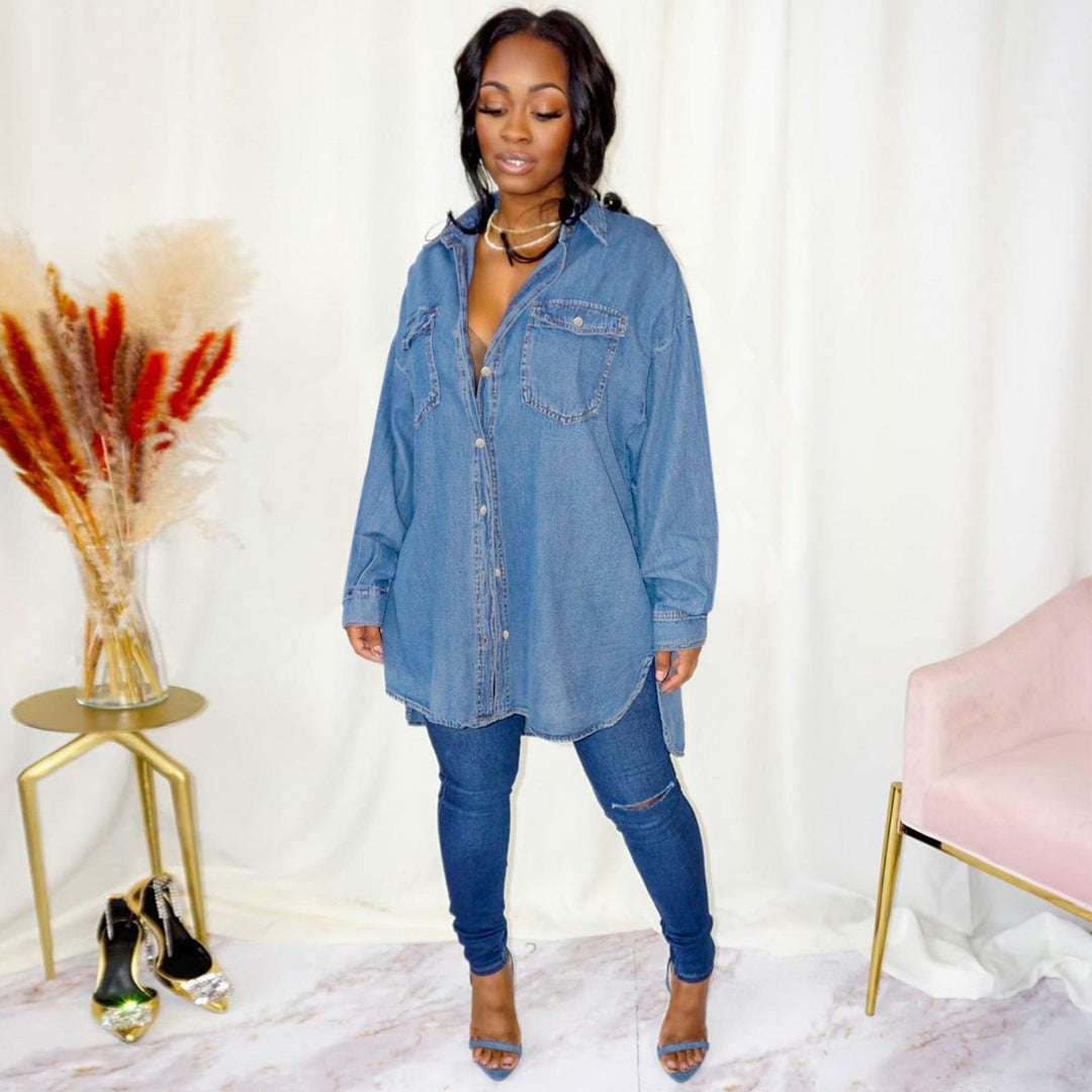 Damen Oversized Denim-Hemdjacke mit Pattentaschen und verlängertem Schnitt Shop Nory