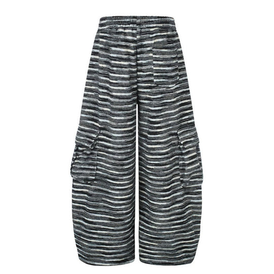 Damen Weite Palazzo‑Cargohose mit Tunnelzugbund, verstellbaren Saumkordeln und gestreifter Jacquardstruktur Shop Nory