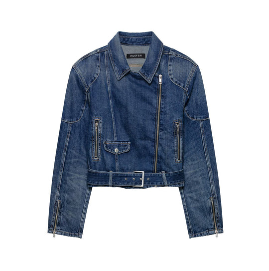 Damen Kurze Denim-Bikerjacke mit Gürtel und asymmetrischem Reißverschluss Shop Nory