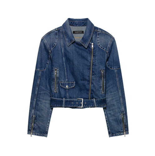 Damen Kurze Denim-Bikerjacke mit Gürtel und asymmetrischem Reißverschluss Shop Nory