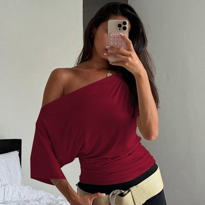 Damen Oberteil mit asymmetrischem Ausschnitt und Raffung Shopnory