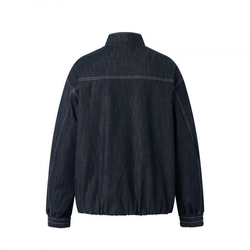 Unisex Kastenförmige Jeans-Blousonjacke mit Stehkragen, Reißverschluss und elastischem Saum Shop Nory