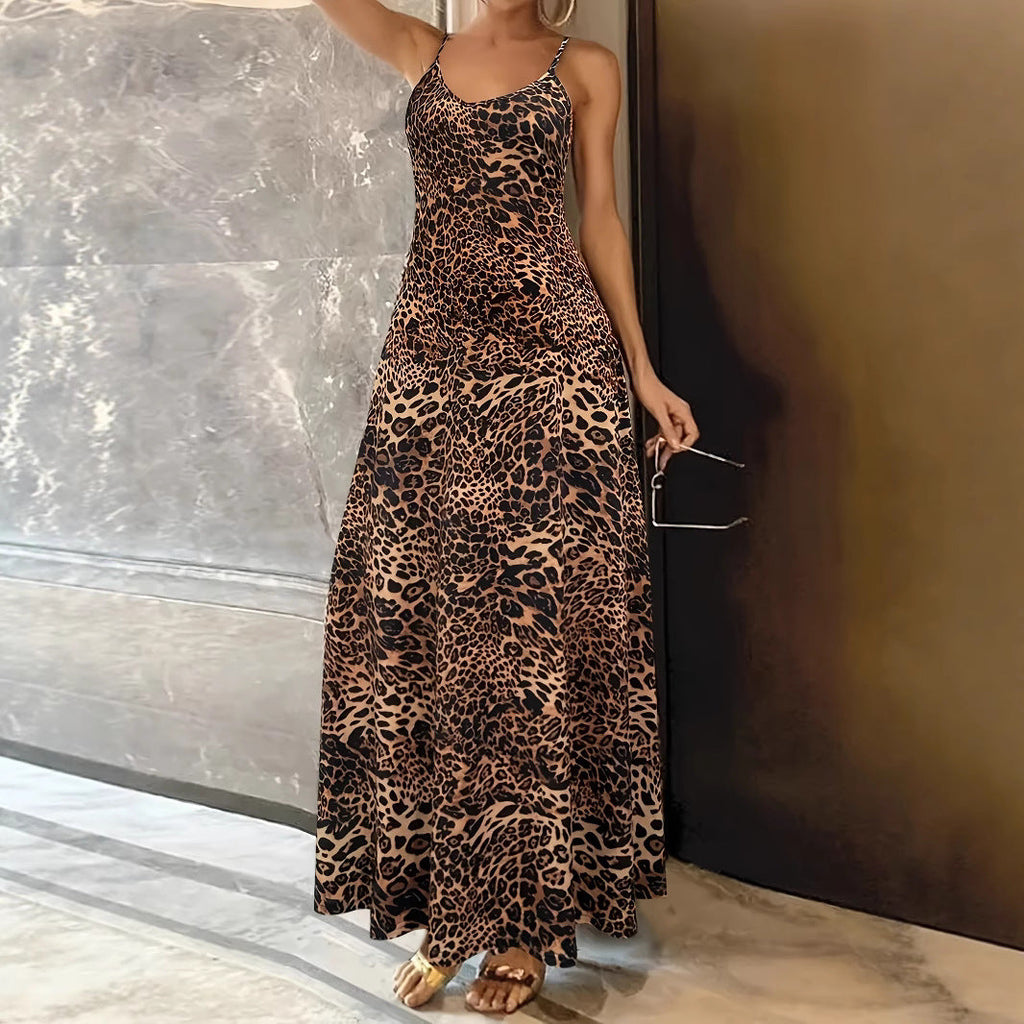 Damen Maxikleid mit Spaghetti-Trägern und asymmetrischem Tiermuster